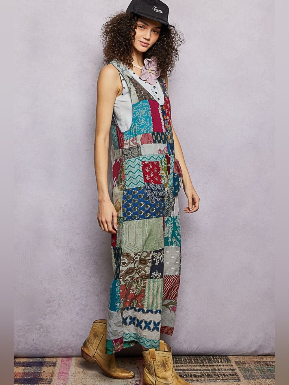 1-0509 POL Patchwork Cotton Loose Fit Light Weight Jumpsuit Overalls - Picture 6 of 8